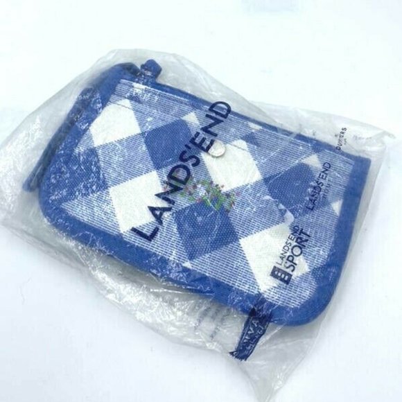 NEW Lands End Blue Embroidered Floral Mom White Plaid Gingham Canvas Wristlet - Picture 5 of 5